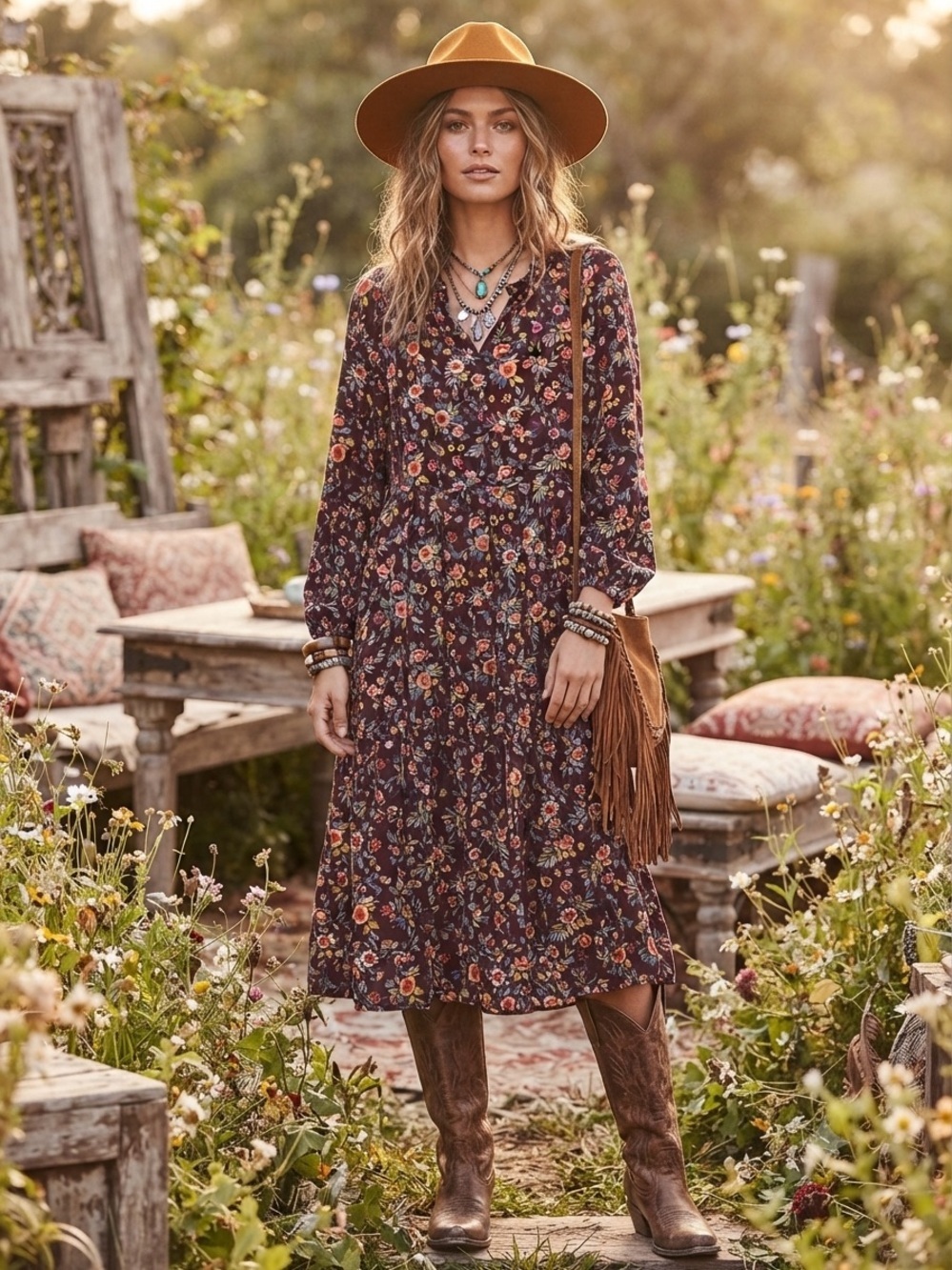 OLD NAVY Floral Tiered Ditsy Midi Swing Dress Boho Size M